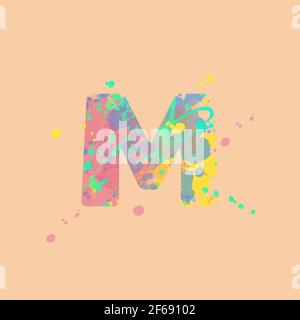 Letter M with multicolored mixed spots of pink, yellow, blue, turquoise paint on peach background. Design for banners, flyers, tags, decorations, post Stock Vector