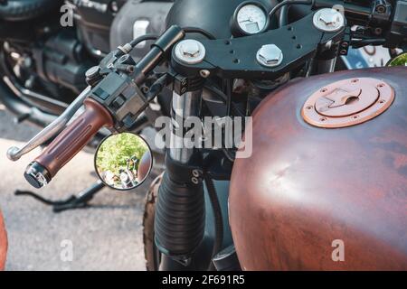 Granada, Spain; September-29, 2019: Details of classic motorcycles, some of them customized, in a street exhibition in Granada (Spain) Stock Photo