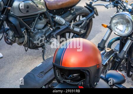 Granada, Spain; September-29, 2019: Motorcycle helmets in a street exhibition of classic motorcycles one sunny morning in Granada (Spain) Stock Photo