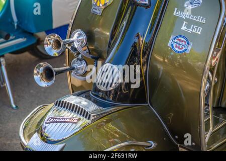 Granada, Spain; September-29, 2019: Details of classic motorcycles, some of them customized, in a street exhibition in Granada (Spain) Stock Photo