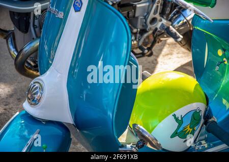 Granada, Spain; September-29, 2019: Details of classic motorcycles, some of them customized, in a street exhibition in Granada (Spain) Stock Photo