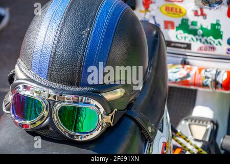 Granada, Spain; September-29, 2019: Motorcycle helmets in a street exhibition of classic motorcycles one sunny morning in Granada (Spain) Stock Photo