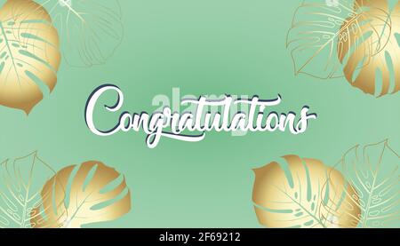 Vector banner Congratulations lettering text Summer tropical flyer design with Monstera tropical leaf. ink line art design. Copy Space. Vector illustr Stock Vector