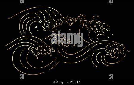 Golden line art on a black background waves with splashes of sea foam Stock Vector