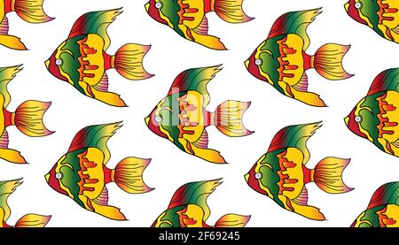 Vector sketch of colorful fish Pterophyllum. Cichlidae. Seamless pattern. Vector illustration Stock Vector