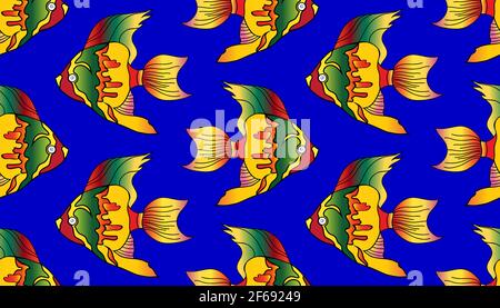 Vector sketch of colorful fish Pterophyllum. Cichlidae. Seamless pattern. Vector illustration Stock Vector