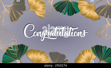 Vector banner Congratulations lettering text Summer tropical flyer design with leaves of ginkgo biloba. ink line art design. Ginkgo Biloba leaves. Cop Stock Vector
