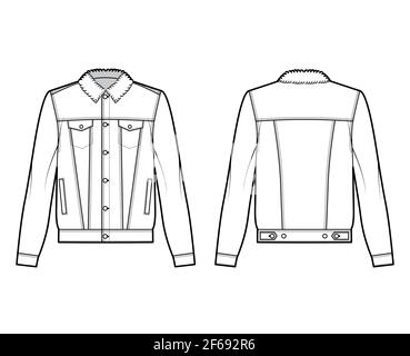 Sherpa lined denim jacket technical fashion illustration with oversized body, flap welt pockets, button closure, long sleeves. Flat apparel front, back, white color style. Women, men unisex CAD mockup Stock Vector