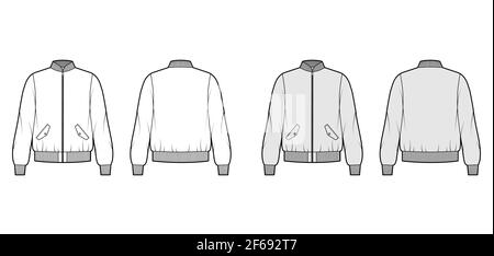 Zip-up Bomber ma-1 flight jacket technical fashion illustration with Rib baseball collar, cuffs, long sleeves, flap pockets. Flat template front, back white grey color. Women men unisex top CAD mockup Stock Vector