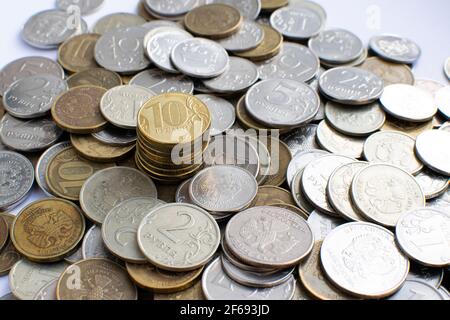 Russian coins close-up. View from above. Coins in denominations of one, two, five, ten rubles. Stock Photo