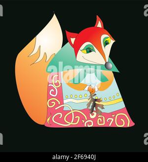 Cartoon fox from fairy tales on black background. Vector illustration Stock Vector