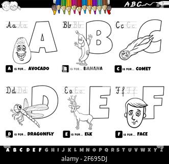 Black and white cartoon illustration of capital letters from alphabet educational set for reading and writing practice for children from A to F colori Stock Vector