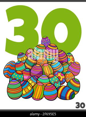 Cartoon illustration of number thirty for children with Easter colored eggs group Stock Vector