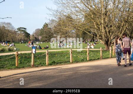 University Parks in Oxford was full of people enjoying the Spring sunshine on the hottest day so far in 2021, with London recording the hottest March day in 53 years. Stock Photo