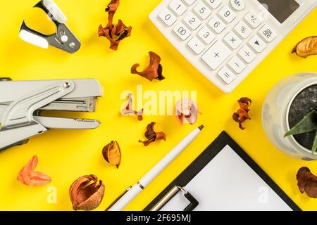 Mock up office accessories on yellow background flat lay of business gadgets Stock Photo