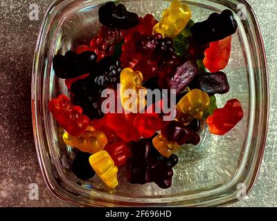 gummy bears in a square vase Stock Photo