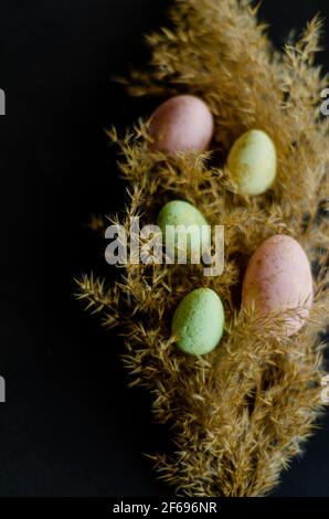 easter eggs on black background, free space Stock Photo