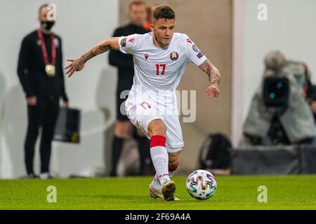 LEUVEN, BELGIUM - MARCH 30: Vitali Lisakovich of Belarus during the FIFA World Cup 2022 Qatar Qualifier match between Belgium and Belarus at Den Dreef Stock Photo