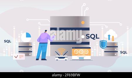 male admin working with dataserver SQL structured query language concept horizontal Stock Vector
