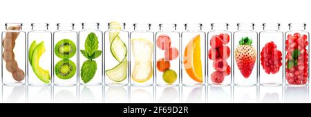 Homemade skin care with fruits ingredients avocado ,orange ,blueberry ,pomegranate ,kiwi ,lemon slice ,cucumber ,tamarind ,strawberry and raspberry in Stock Photo