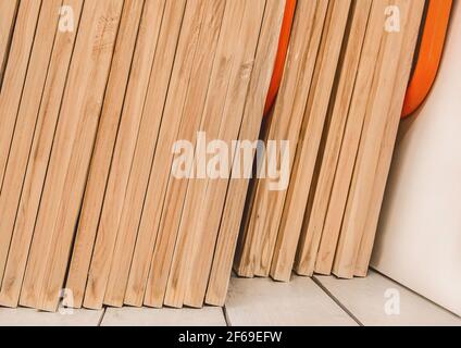 Assortment of wood panels in the store, building boards materials. Stock Photo