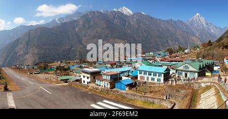 Panoramic view of Lukla village and Lukla airport, Khumbu valley, Solukhumbu, Everest area, Nepal Stock Photo