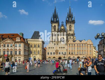 the Old Prague Town Square with view of the spires of the Church of Our Lady before Týn, Capital City of Prague, Czech Republic Stock Photo