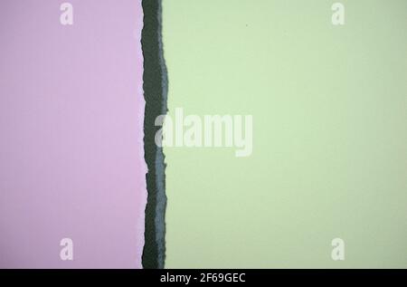 Pastel purple, dark gray, and light green torn papers abstract texture background. Empty matte parchment collection. Copy space. Overhead shot. Stock Photo