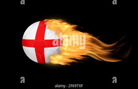 Blazing soccer ball with England flag on fire isolated on black background. Stock Photo