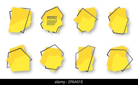 Abstract yellow polygonal text frame banner set with shadow. Black line geometric shapes on bright spot. Invitation card template. Advertisement or greeting poster Stock Vector