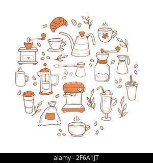 Hand drawn set of different types coffee cup, mug, pot, coffee machine. Doodle sketch style. Isolated vector illustration for coffee shop, cafe, restaurant menu, icon, background. Stock Vector