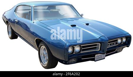 The 1969 Pontiac GTO was a classic muscle car with a big engine. Stock Photo