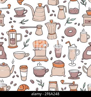 Hand drawn seamless pattern of different types coffee cup, mug, pot, coffee machine. Doodle sketch style. Isolated vector illustration for coffee shop, cafe wallpaper, background, textile design. Stock Vector