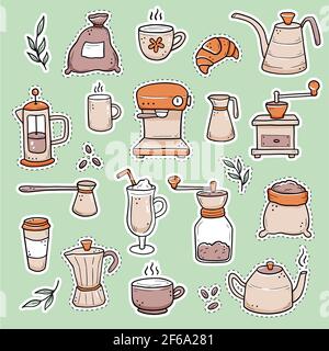 Hand drawn set of different stickers with coffee cup, mug, pot, coffee machine. Doodle sketch style. Isolated vector illustration for coffee shop, cafe, restaurant sticker. Stock Vector
