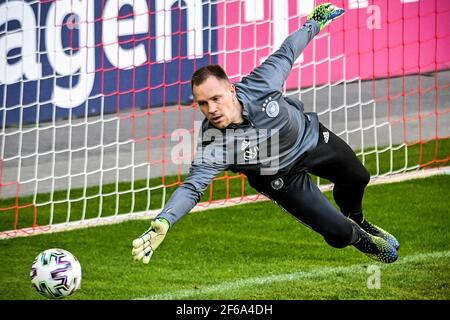 Dusseldorf, Germany. 30th Mar, 2021. Goalkeeper Marc-Andre ter Stegen of Germany attends a training session in Dusseldorf, Germany, March 30, 2021. Germany is to play against North Macedonia in a FIFA 2022 World Cup qualifier match in Germany's Duisburg on March 31. FOR EDITORIAL USE ONLY Credit: Ulrich Hufnagel/Xinhua/Alamy Live News Stock Photo