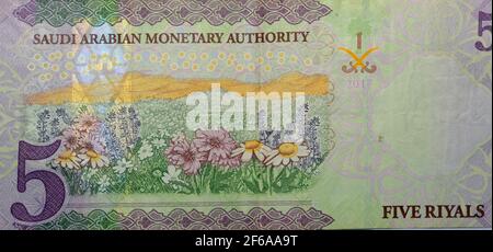 Saudi five riyals banknote, Saudi Arabian 5 riyals money background ...