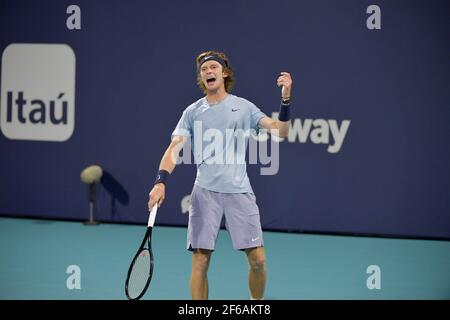 MIAMI GARDENS, FL - MARCH 30: (NO SALES TO NEW YORK POST) Andrey Rublev of Russia defeats Marin Cilic of Croatia on day 9 of the Miami Open on March 30, 2021 at Hard Rock Stadium in Miami Gardens, Florida People: Andrey Rublev Credit: Storms Media Group/Alamy Live News Stock Photo
