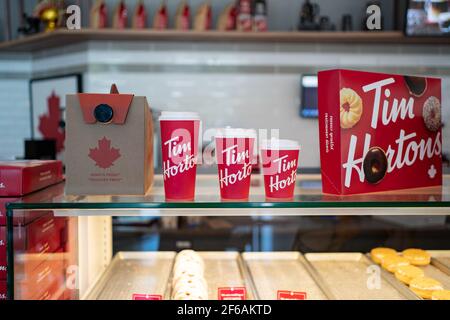 Bangkok, Thailand - June 13, 2020: Tim Hortons cups and packaging on the point of purchase. Stock Photo