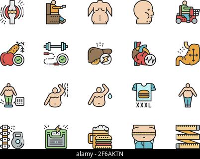 Set of Obesity Flat Color Line Icons. Fat Face, Junk Food, Diet and more. Stock Vector