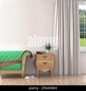 An illustration of the interior of a room in the style of Provence with a wooden nightstand next to a green vintage sofa. A mockup wall. 3D Render. Stock Photo