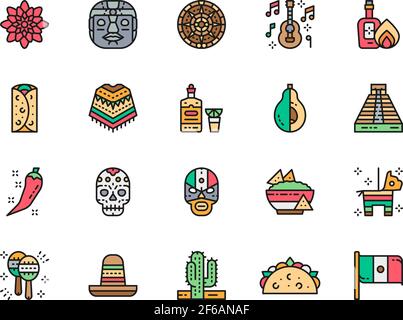 Set of Mexican Culture Flat Color Line Icons. Tequila, Burrito, Poncho and more. Stock Vector