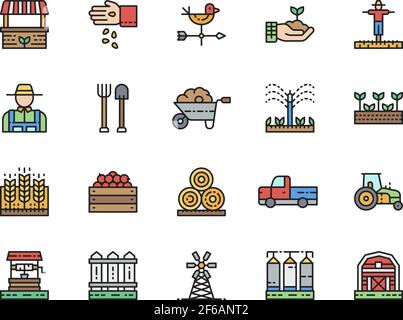 Set of Farming Flat Color Line Icons. Farmer, Tractor, Millwheel and more. Stock Vector