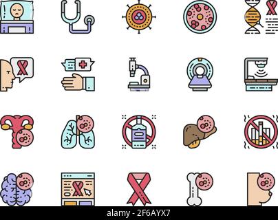 Set of Human Cancer Flat Color Line Icons. Oncology, Sarcoma, Leukemia and more. Stock Vector