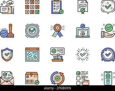 Set of Approve Flat Color Line Icons. Certificate, Quality Control and more. Stock Vector