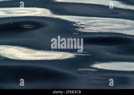 Patterns, shapes, created, formed, forming, evolving, from continuous, continuing, falling raindrops on a flowing river surface. Highlight, highlights Stock Photo