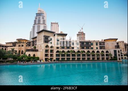 7th JAN 2021,Dubai,UAE . Beautiful view of the souk al bahar ,the dubai mall, hotels and other buildings captured at the recreational boulevard area