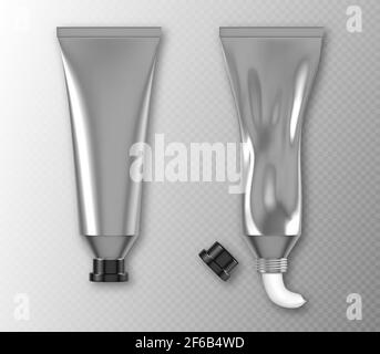 Silver tube package with hand cream, toothpaste or white paint isolated on transparent background. Vector realistic mockup of 3d blank aluminium container with black cap Stock Vector