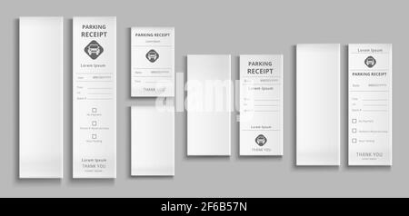 Parking receipts 3d vector templates, paper pay check for car park service, payment transaction blank and filled cards with date and time isolated mockup on grey background realistic illustration, set Stock Vector