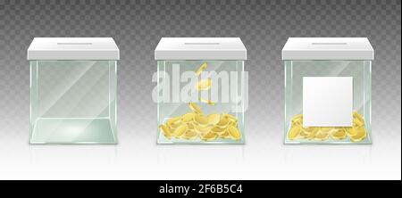 Glass money box for tips, savings or donations isolated on transparent background. Vector realistic set of 3d clear acrylic jar with gold coins and white blank label for pension fund, charity donate Stock Vector