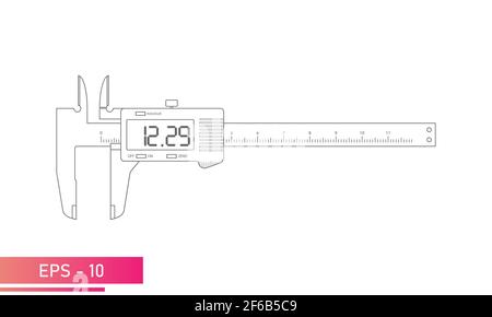 Digital vernier caliper with display and numeric scale in contour design with lines. Tools for technical specialists. Flat vector illustration. Stock Vector